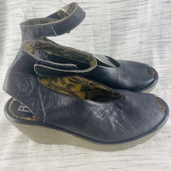 Fly‎ London Black Leather Yala Wedge Peep Toe Ankle Strap Size 37/6.5 - Picture 2 of 10